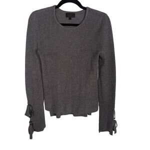 Intermix Small S Gray Cotton Silk Jordana Tie Sleeve Rib Knit Round Neck Sweater